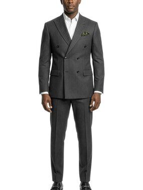 Premium Charcoal Pinstripe Double Breasted Peak Lapel Stacy Adams Men's Suit
